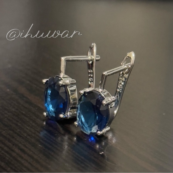 Oval Blue Diamond  925 Sterling Sliver earrings - Picture 5 of 12
